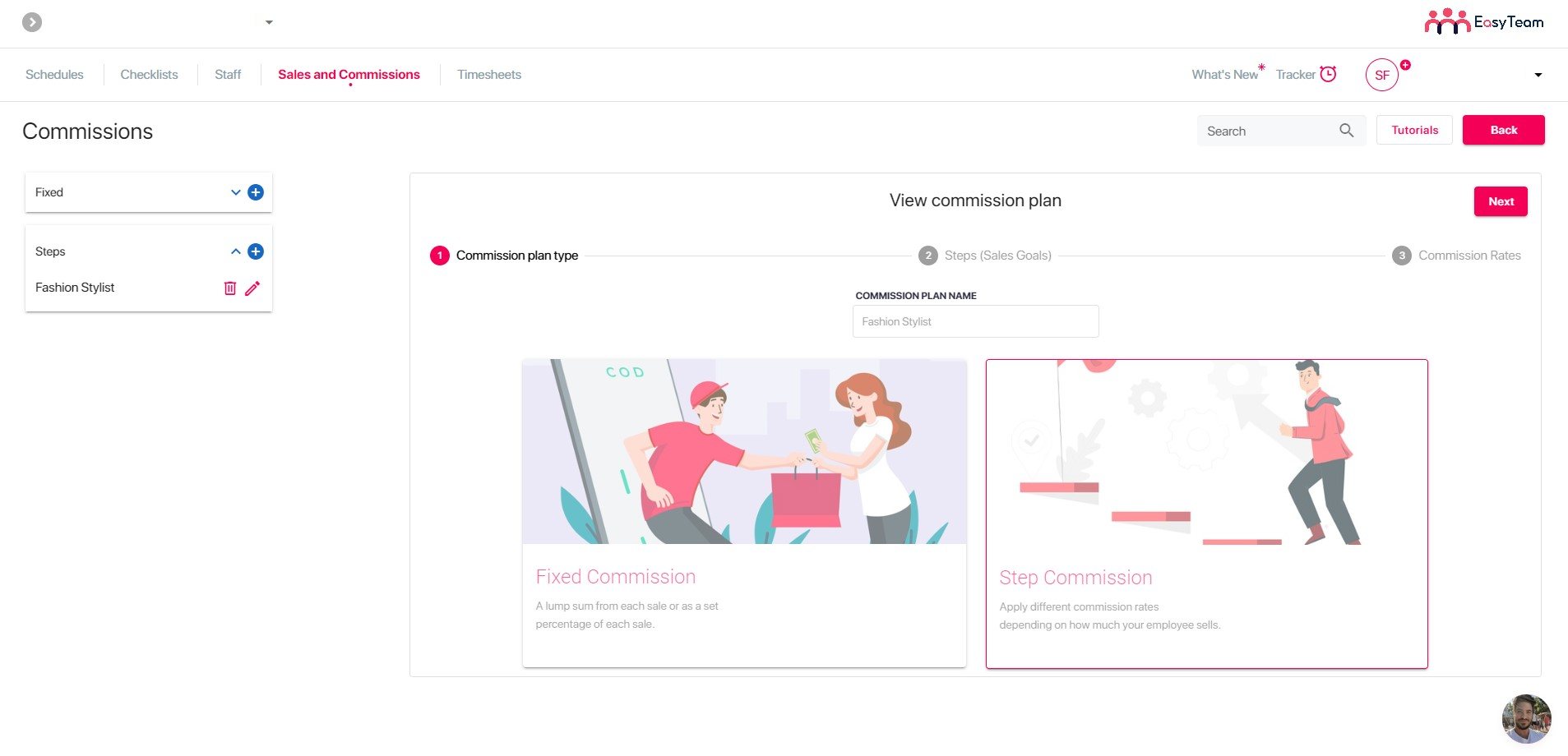 a screenshot from the EasyTeam commissions window, showing the different possible fixed or tiered commissions model
