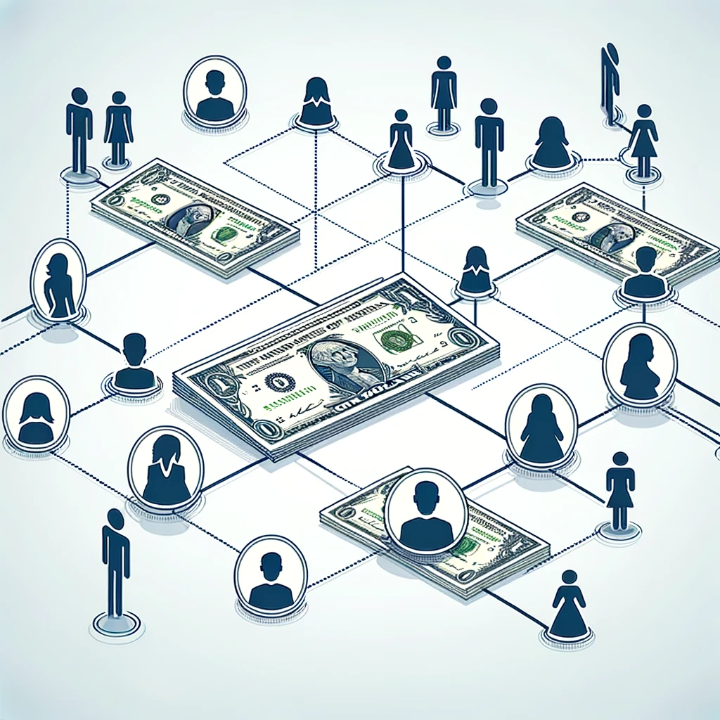 A vector art illustration featuring dollar bills connected people