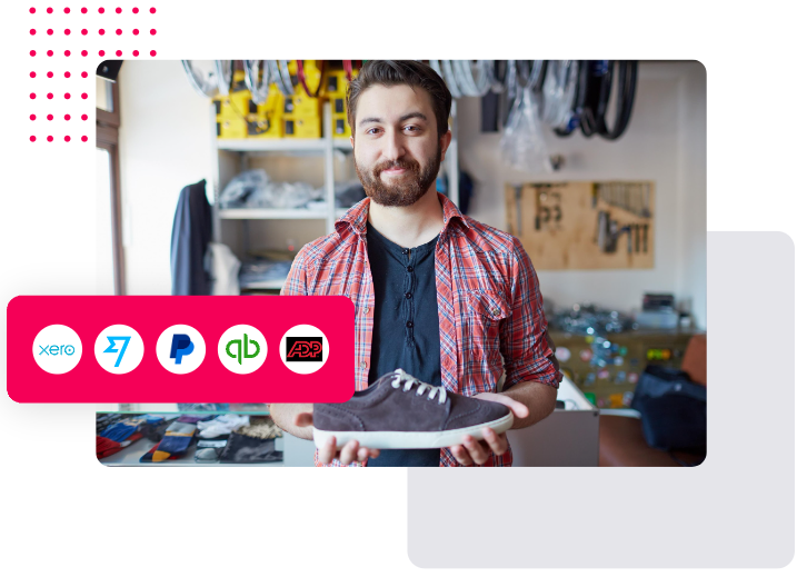 retail store employee with logos of payroll software