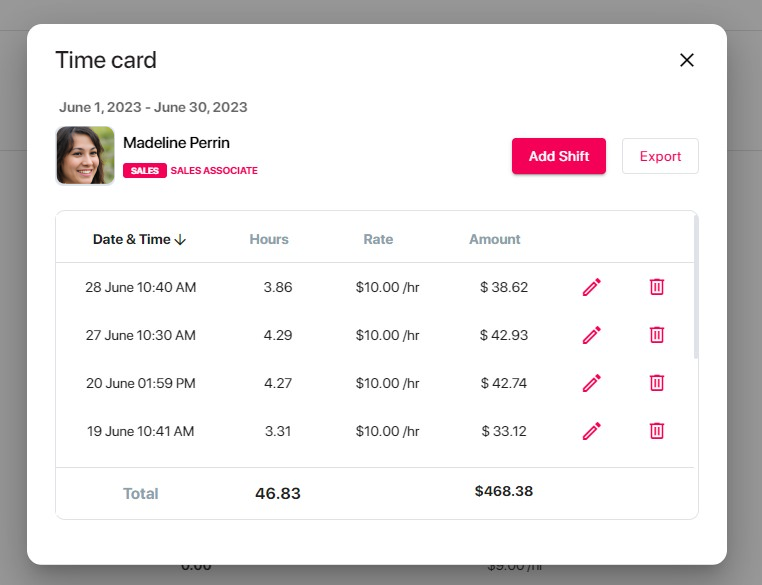 A screenshot from EasyTeam showing an employee's time card, hours worked and gross salary