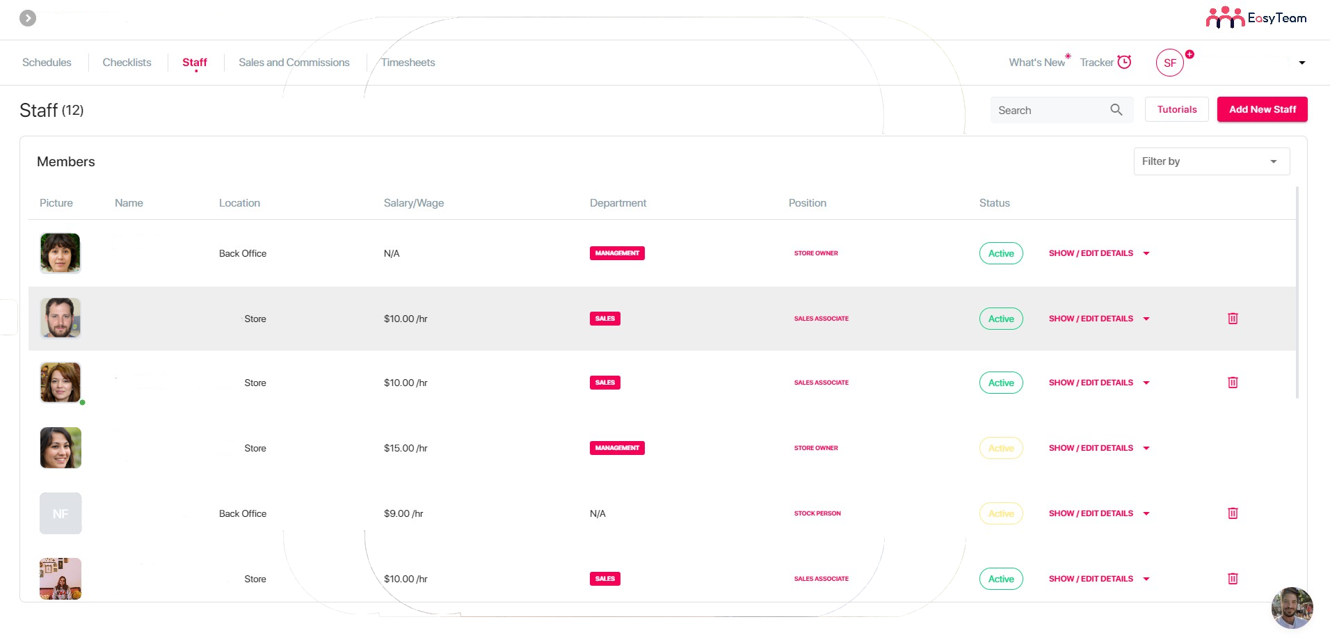 screenshot from the EasyTeam dashboard, showing employees and their salary information