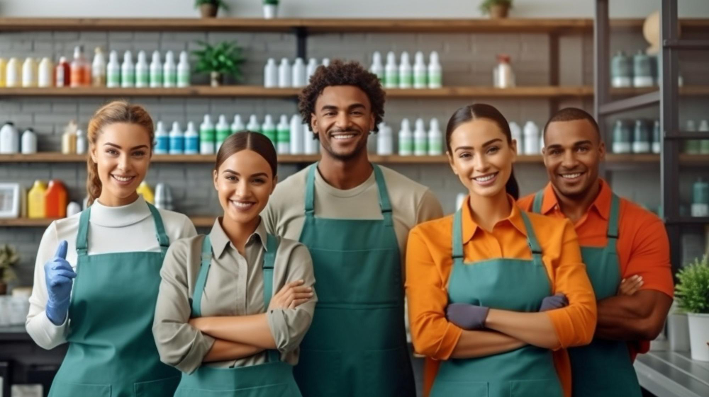 smiling crew of a store who are inspecting the camera in the office