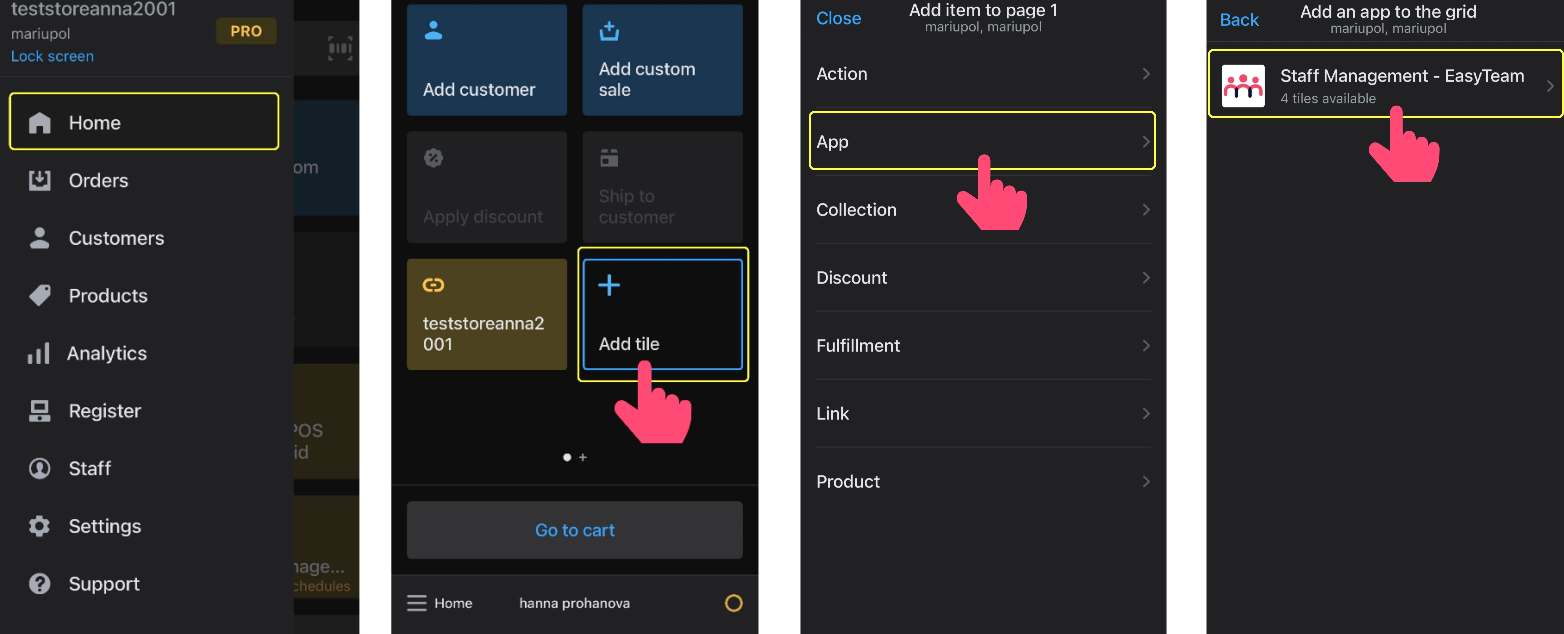 a schreenshot from the Shopify POS screen showing how to view an employee shift schedule